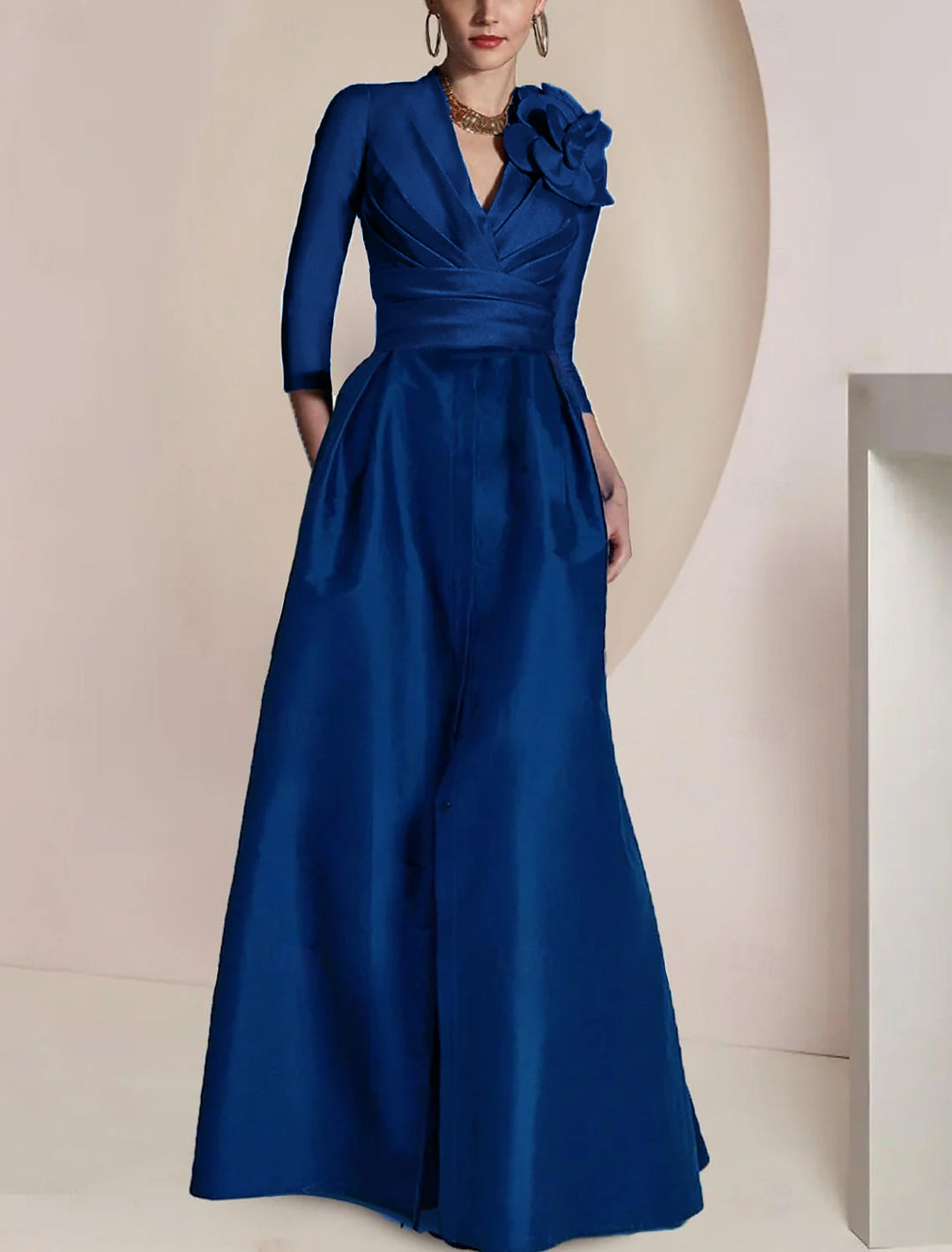 A Line/Princess V-Neck 3/4 Sleeves Floor-Length Mother of the Bride Dresses with Ruched, Draping, Split Front, Flower & Ruching