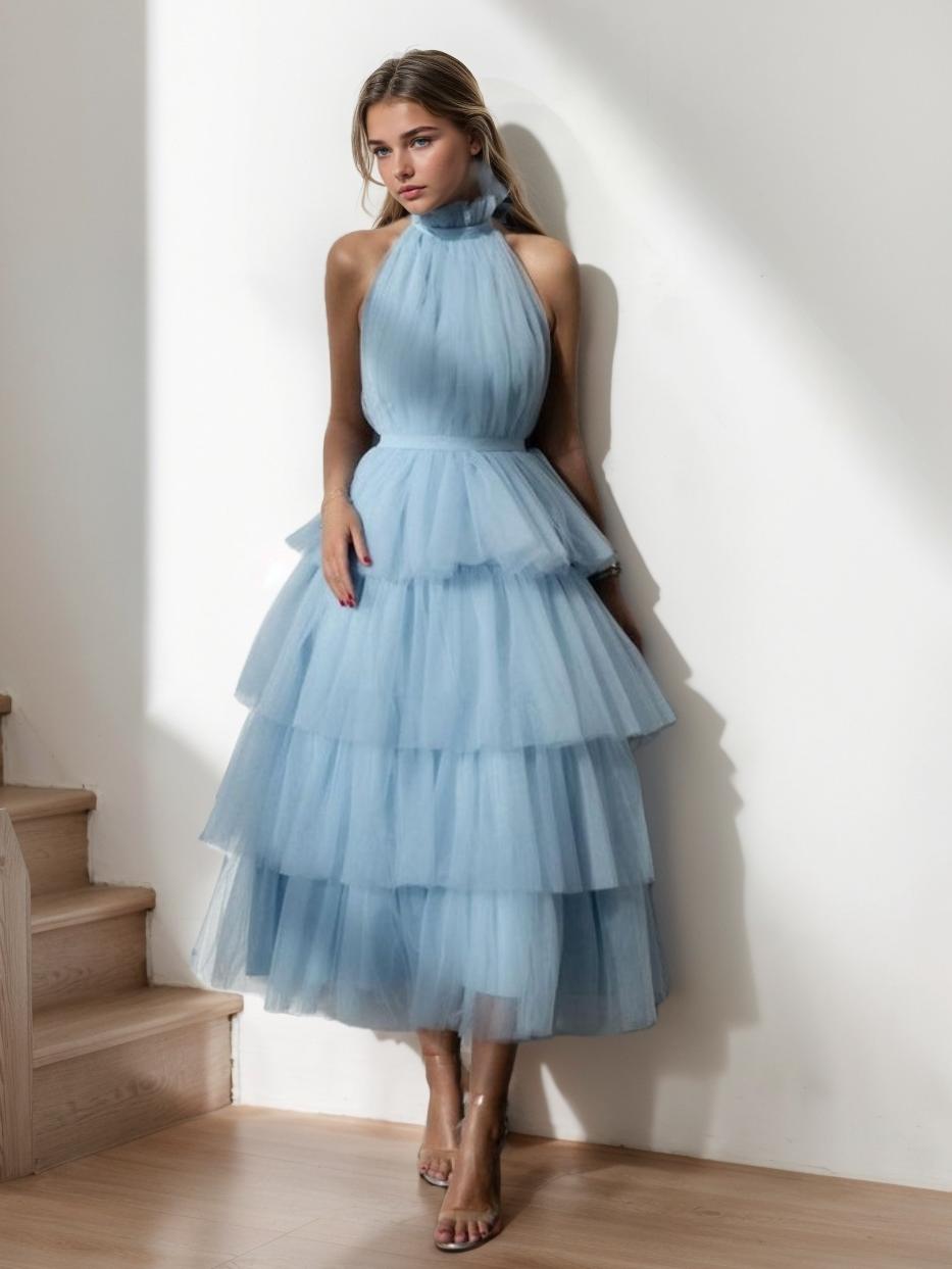 A-Line/Princess Halter Neck Sleeveless Tea-Length Prom Cocktail Dresses with Lace