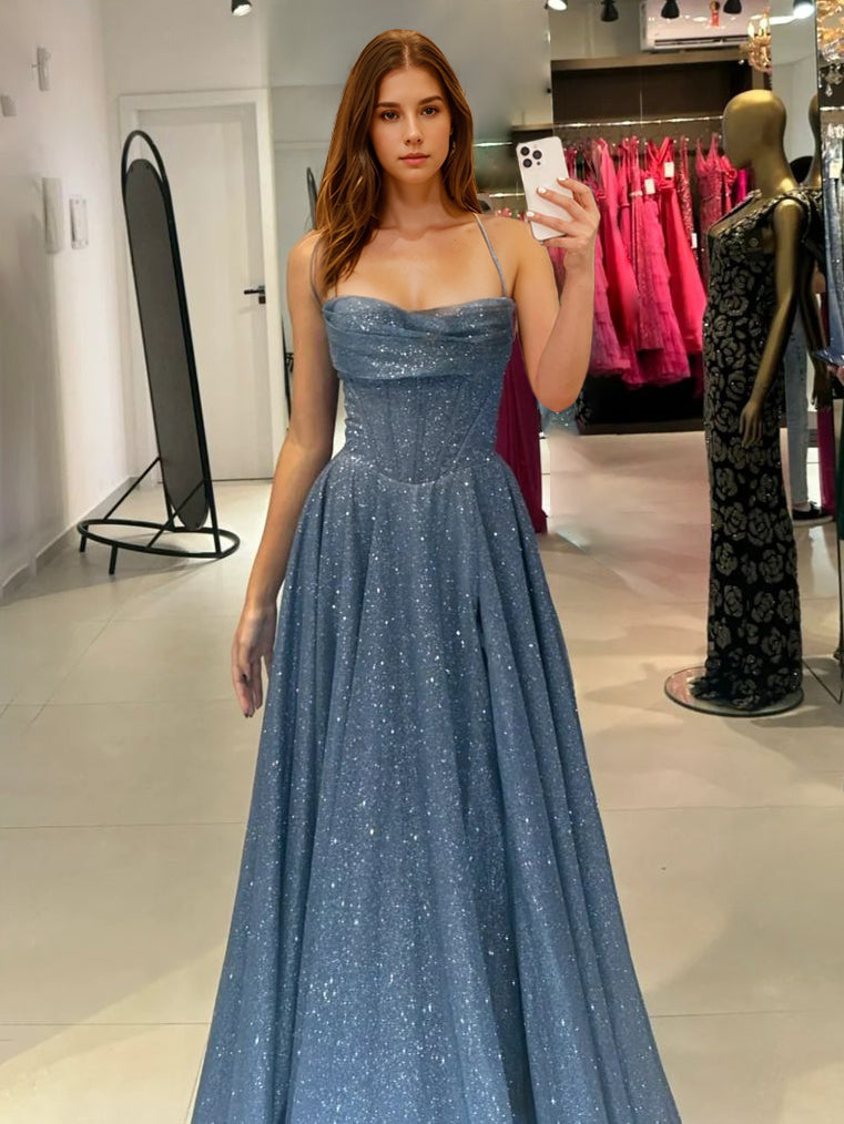 A-Line/Princess Spaghetti Straps Sleeveless Floor-Length Prom Dresses