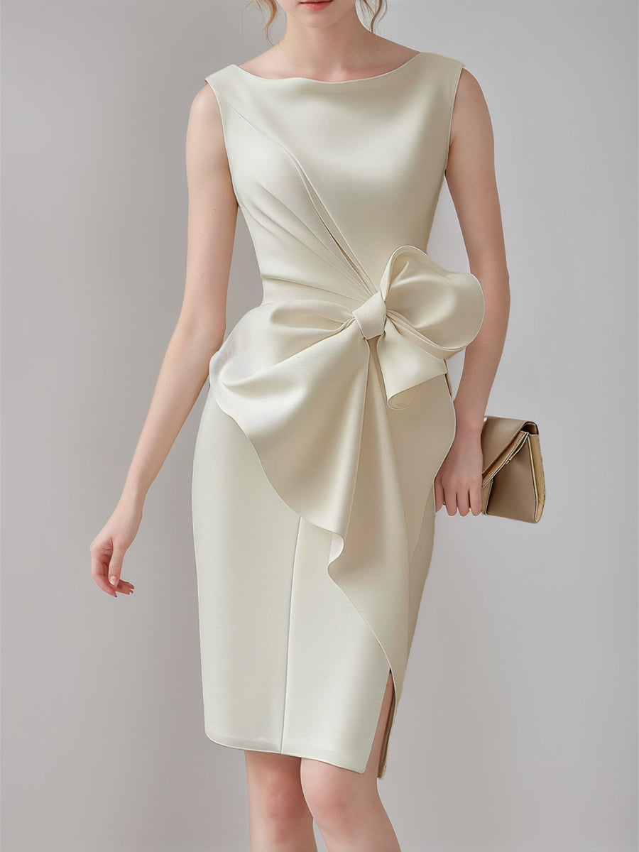 Sheath/Column Crew Neck Sleeveless Knee Length Wedding Dress with Bow & Ruffles