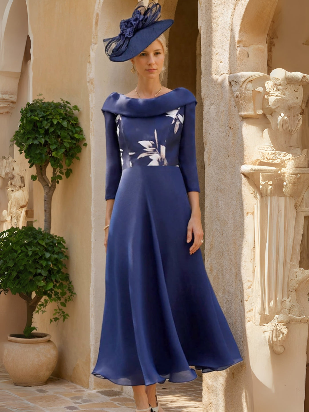 A-Line/Princess Scoop Neck 3/4 Sleeves Tea-Length Floral Mother of the Bride Dresses With Ruffles