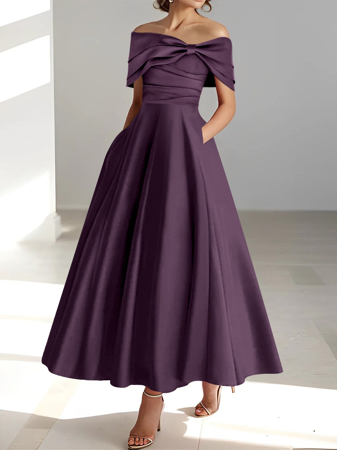 A-Line/Princess Ankle-Length Sleeveless Off-the-shoulder Mother of the Bride Dresses With Ruffles Bow(s)