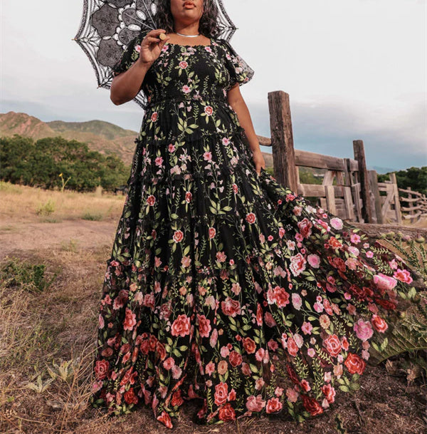 A-Line/Princess V-Neck Short Sleeves Floral Formal Plus Size Party Dresses With Flowers