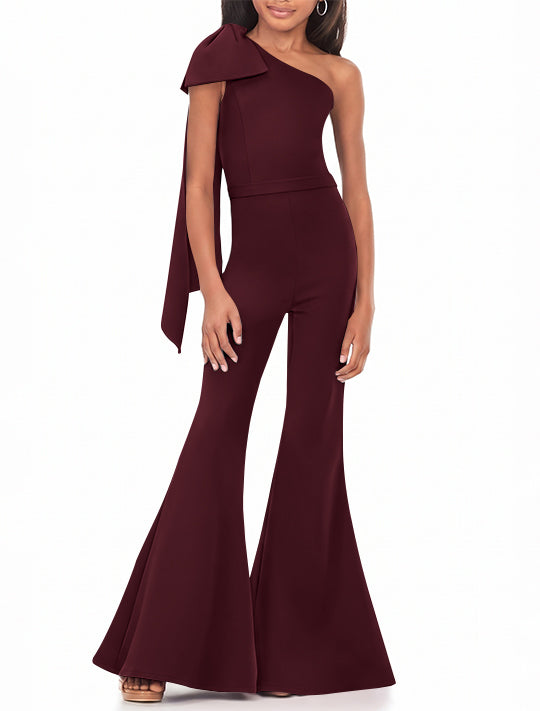 One-Shoulder Girls Prom Jumpsuits with Bowknot