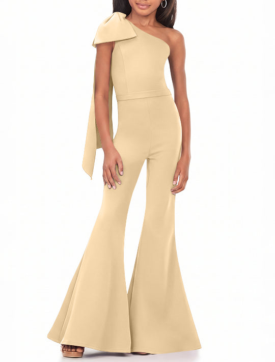One-Shoulder Girls Prom Jumpsuits with Bowknot