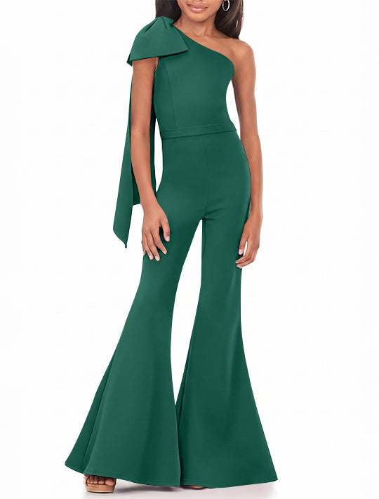 One-Shoulder Girls Prom Jumpsuits with Bowknot
