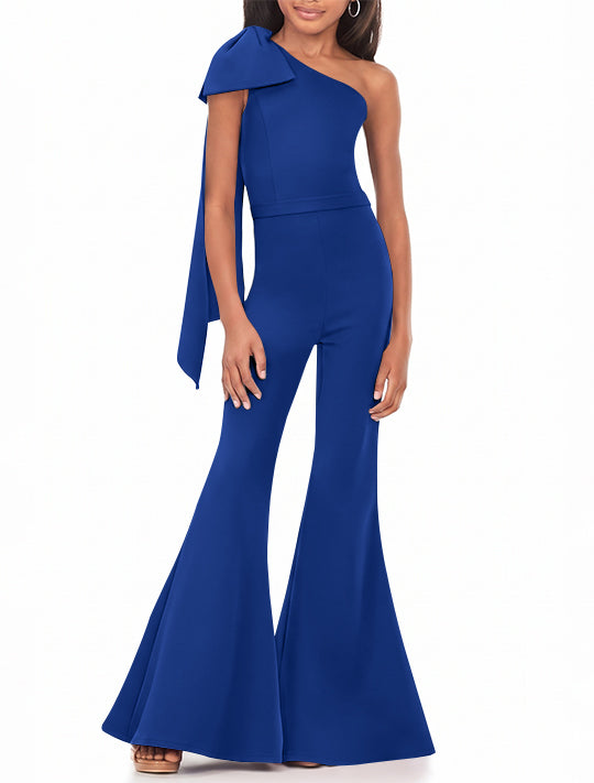One-Shoulder Girls Prom Jumpsuits with Bowknot
