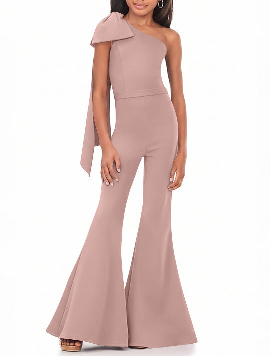 One-Shoulder Girls Prom Jumpsuits with Bowknot
