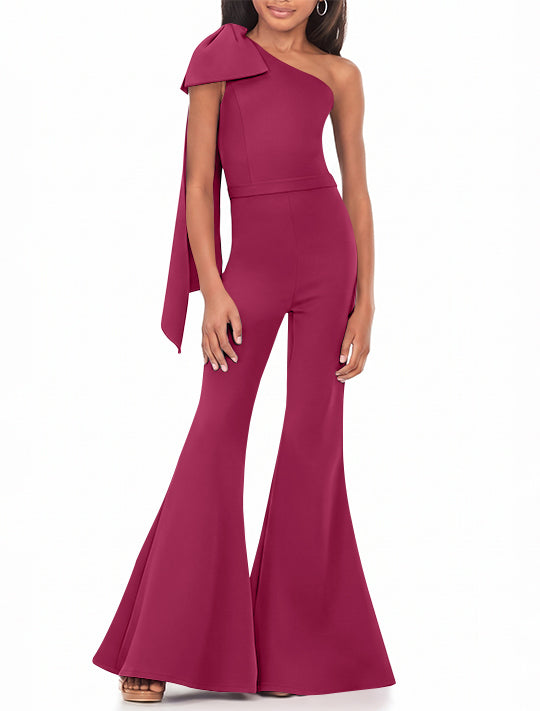 One-Shoulder Girls Prom Jumpsuits with Bowknot