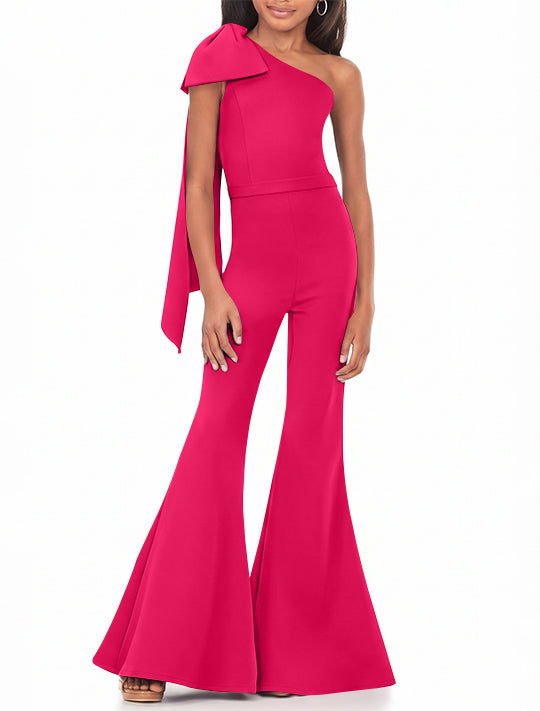 One-Shoulder Girls Prom Jumpsuits with Bowknot