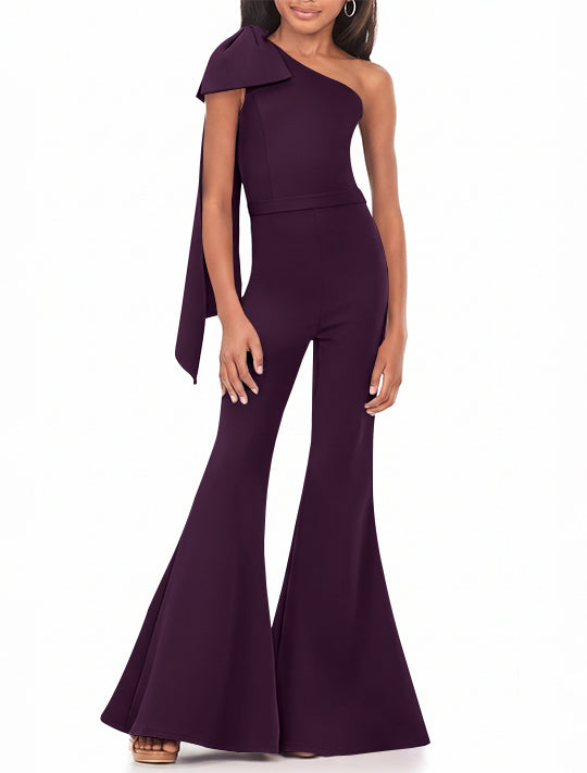 One-Shoulder Girls Prom Jumpsuits with Bowknot