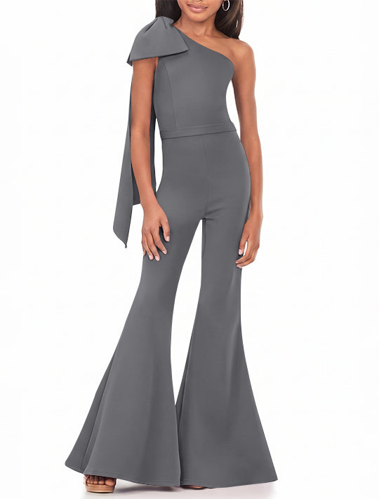 One-Shoulder Girls Prom Jumpsuits with Bowknot