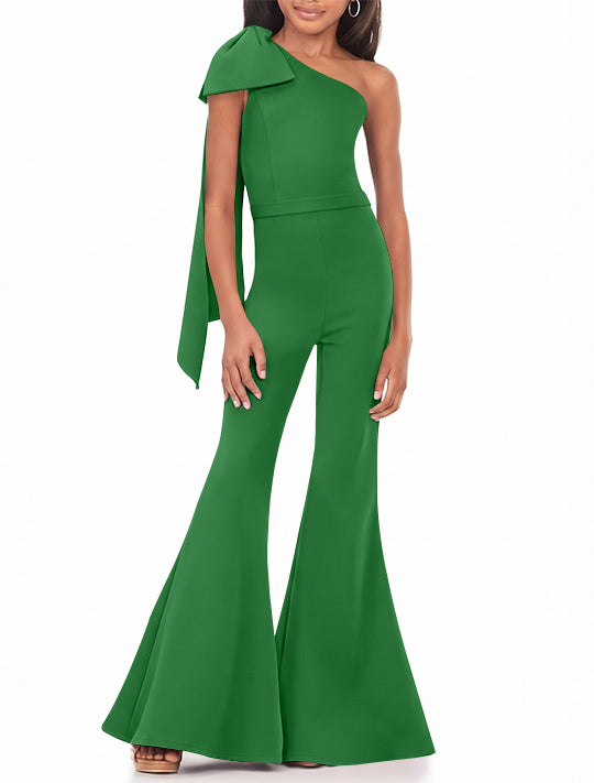 One-Shoulder Girls Prom Jumpsuits with Bowknot