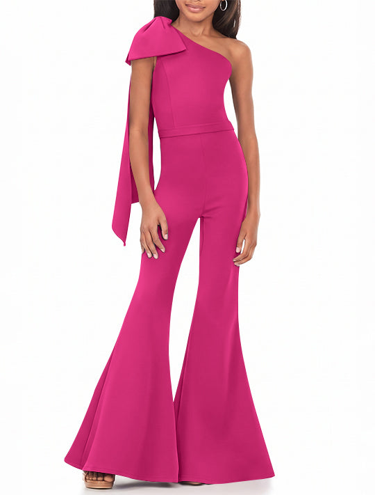 One-Shoulder Girls Prom Jumpsuits with Bowknot