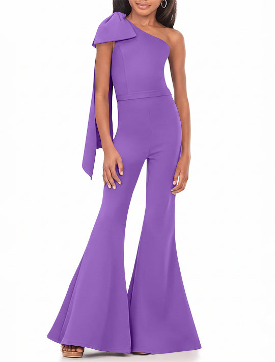 One-Shoulder Girls Prom Jumpsuits with Bowknot