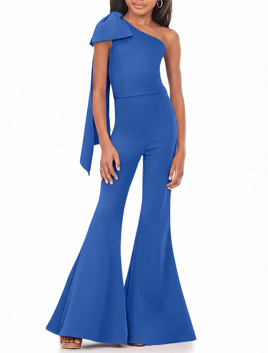 One-Shoulder Girls Prom Jumpsuits with Bowknot