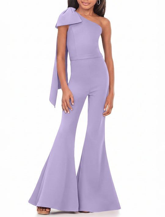 One-Shoulder Girls Prom Jumpsuits with Bowknot