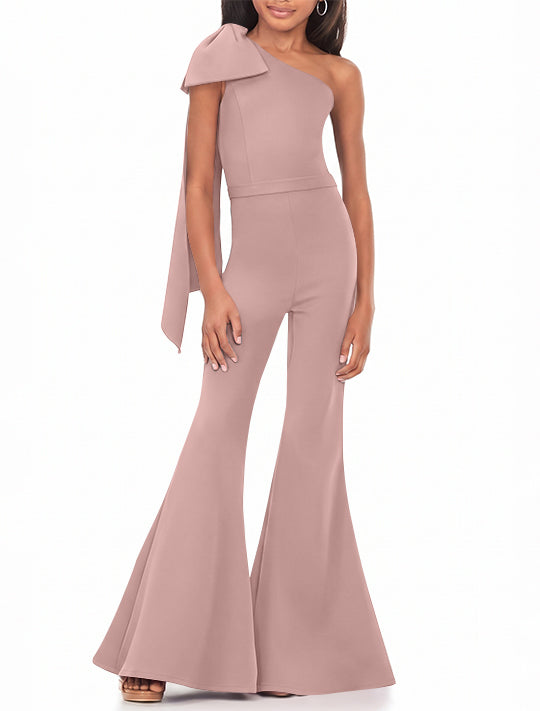 One-Shoulder Girls Prom Jumpsuits with Bowknot