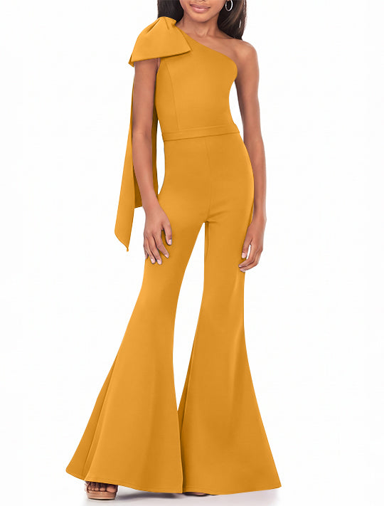 One-Shoulder Girls Prom Jumpsuits with Bowknot