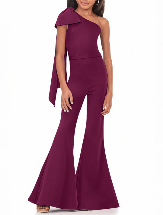 One-Shoulder Girls Prom Jumpsuits with Bowknot