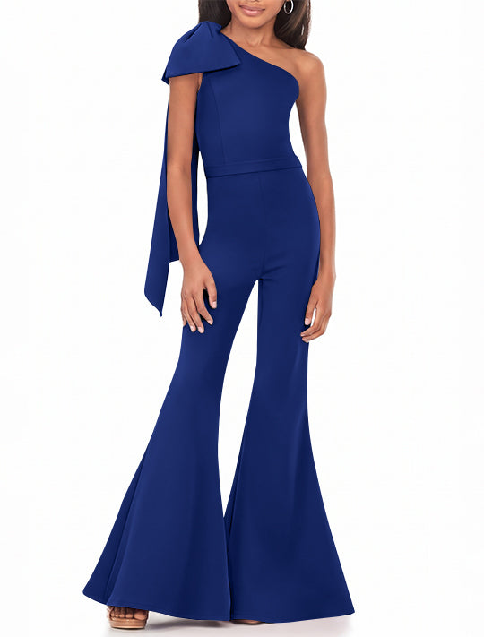 One-Shoulder Girls Prom Jumpsuits with Bowknot