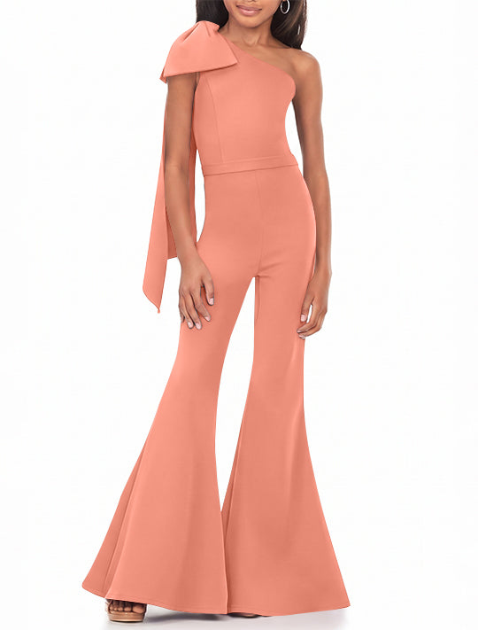 One-Shoulder Girls Prom Jumpsuits with Bowknot