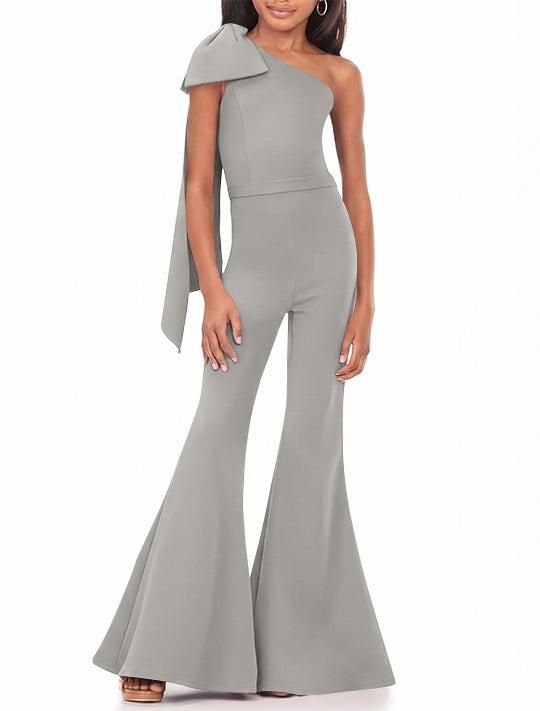 One-Shoulder Girls Prom Jumpsuits with Bowknot