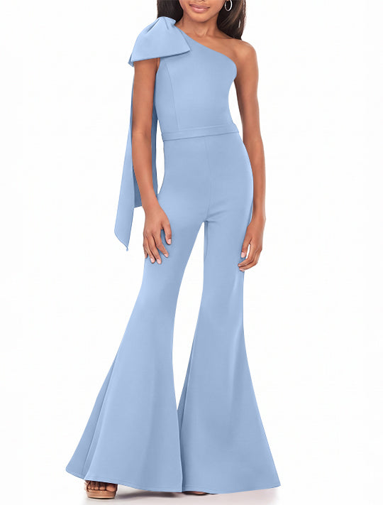One-Shoulder Girls Prom Jumpsuits with Bowknot
