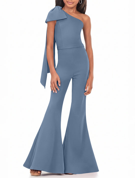 One-Shoulder Girls Prom Jumpsuits with Bowknot