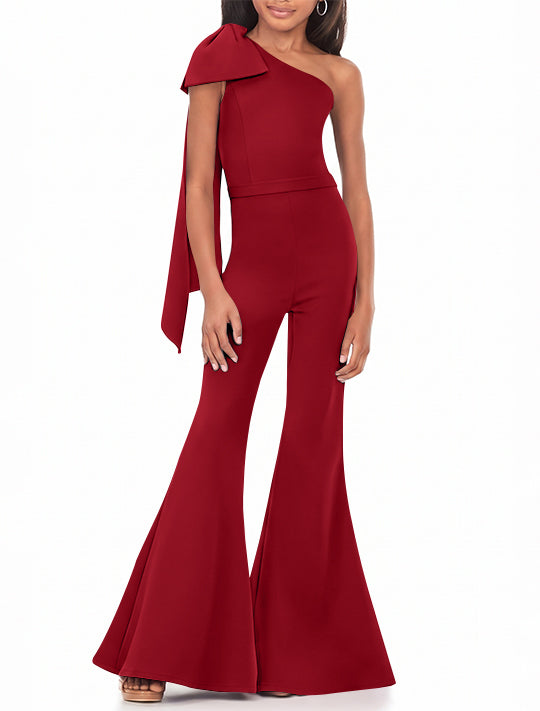 One-Shoulder Girls Prom Jumpsuits with Bowknot
