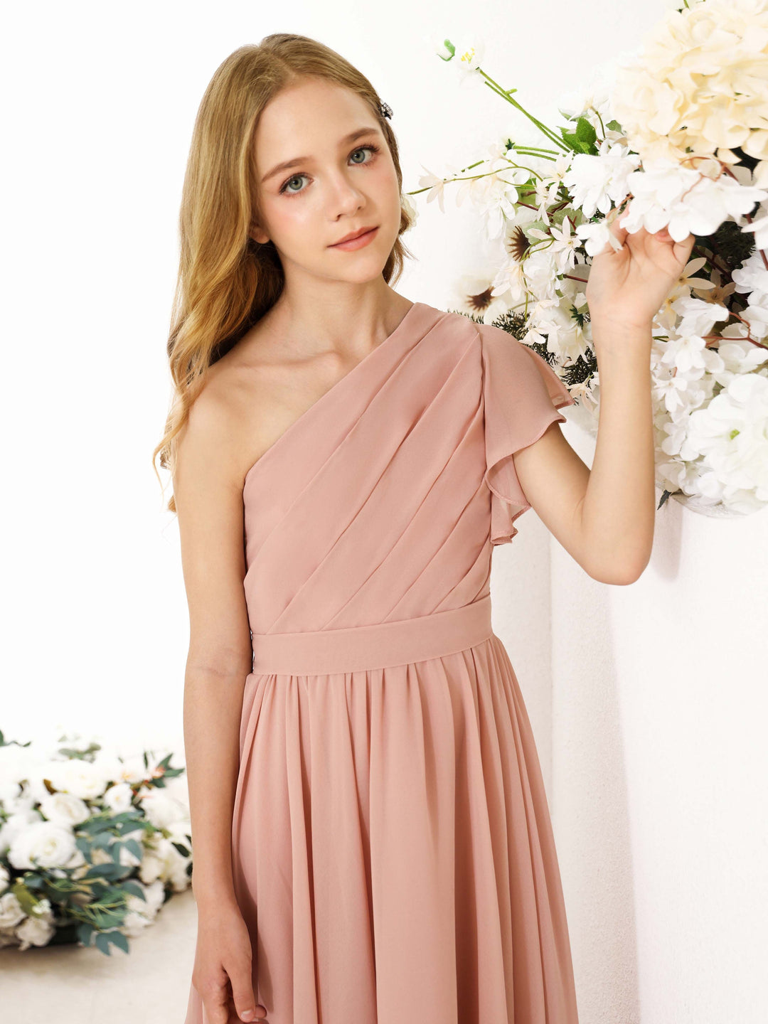 A-Line/Princess Chiffon Short Sleeves One-shoulder Asymmetrical  Flower Girl Dresses