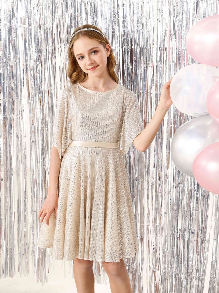 A-Line/Princess Sequin  Half Sleeves Scoop Neck Mini Flower Girl Dresses