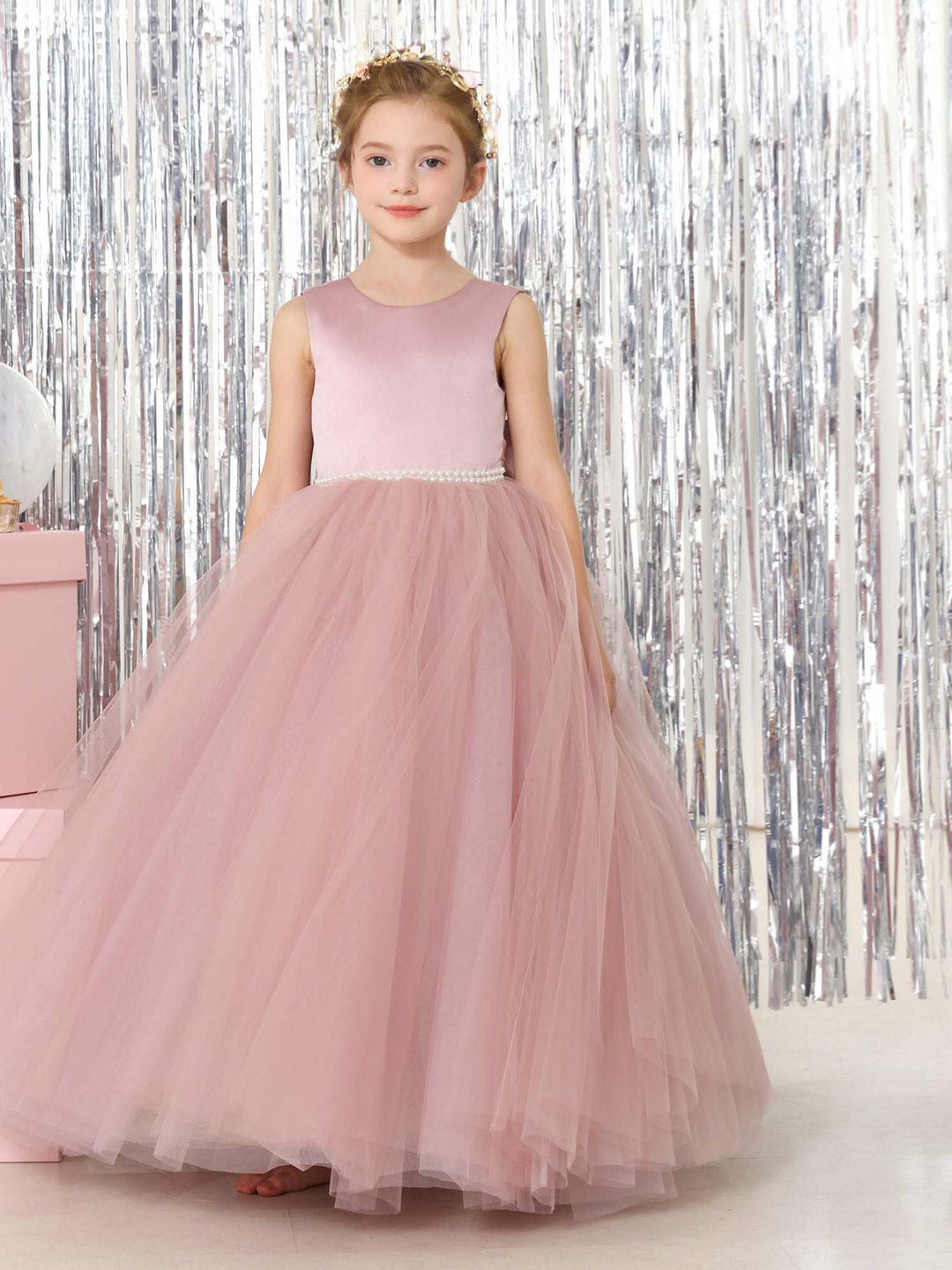 Ball-Gown Tulle  Satin Sleeveless Scoop Neck Floor-Length Flower Girl Dresses