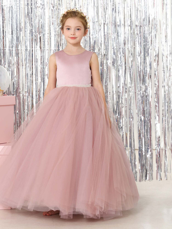 Ball-Gown Tulle  Satin Sleeveless Scoop Neck Floor-Length Flower Girl Dresses