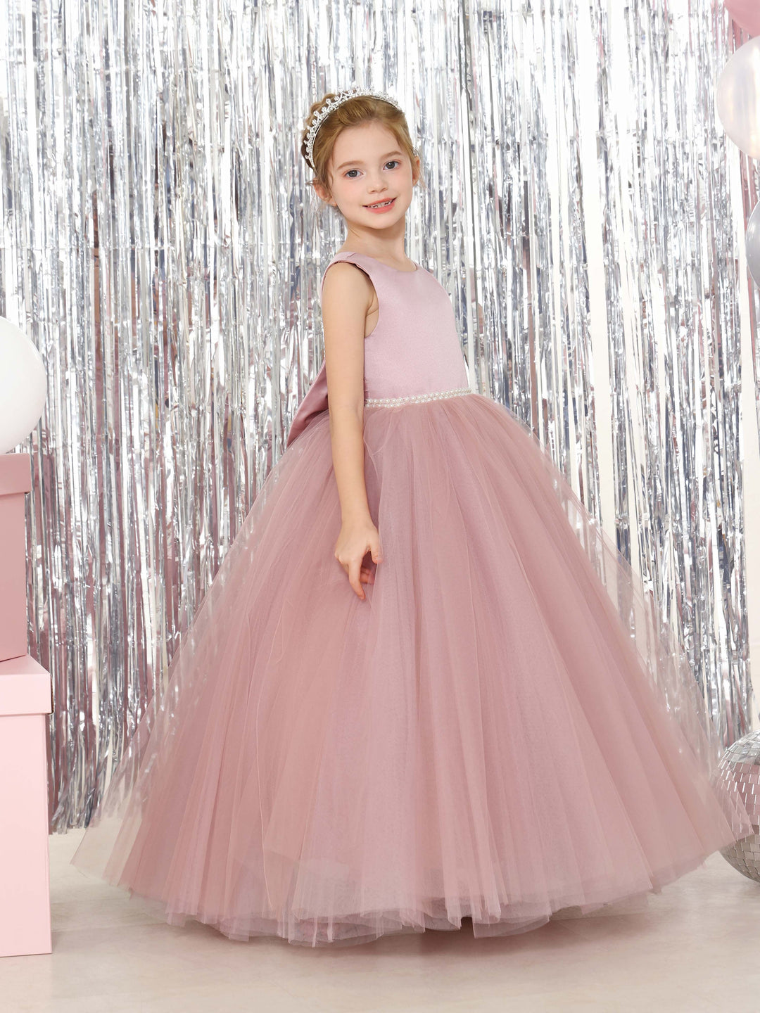 Ball-Gown Tulle  Satin Sleeveless Scoop Neck Floor-Length Flower Girl Dresses