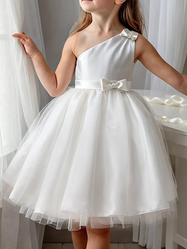 A-Line/Princess Satin One-Shoulder Sleeveless Knee-length Bow(s) Flower Girl Dresses