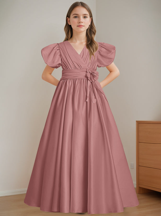 A-Line/Princess V-Neck Short Sleeves Floor-Length Flower Girl Dress with 3D Flowers