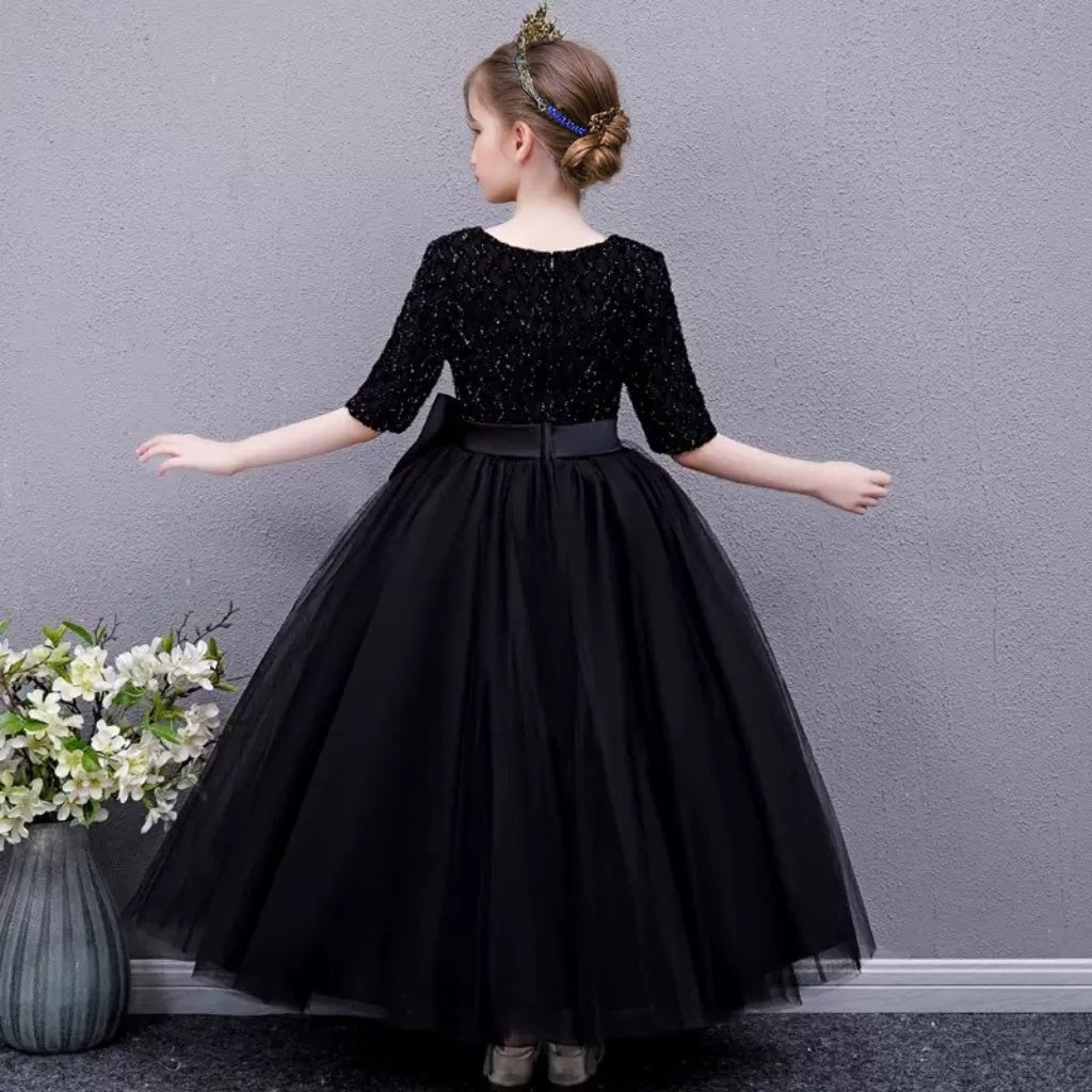 Long Sleeves Floor Length  Round Neck A-Line/Princess Girl Party Dress with Bow