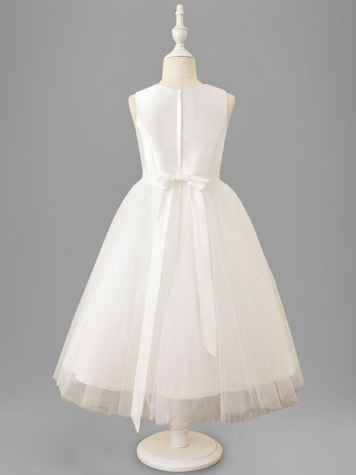 A-Line/Princess Scoop Neck Sleeveless Tea-Length Flower Girl Dress with Bowknot