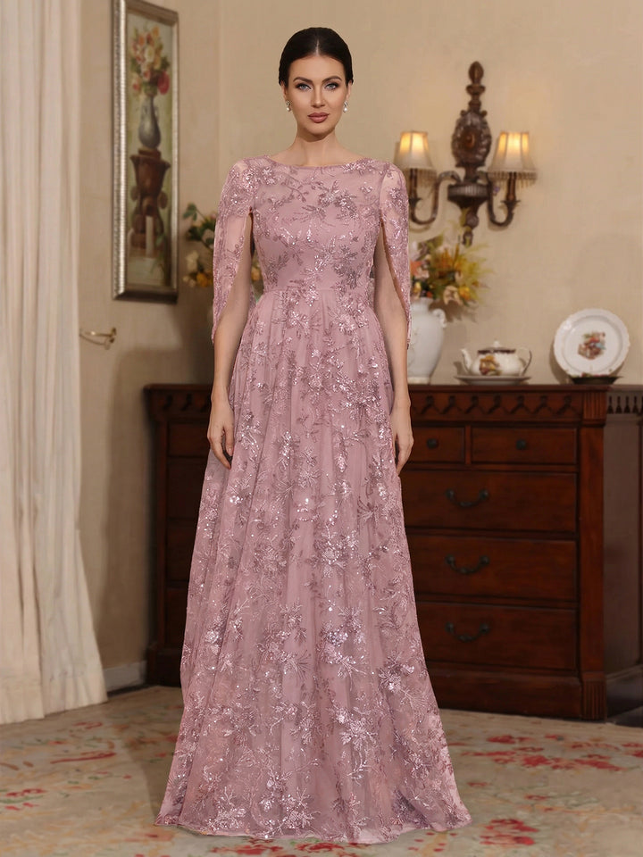 A-Line/Princess Scoop Sequins Lace Mother of the Bride Dresses Cape Sleeves Floral Floor-Length