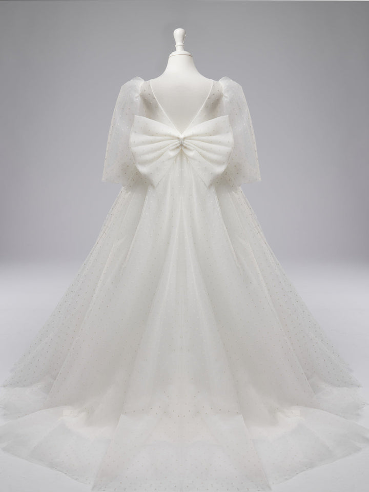 Elegant Polka Dot Tulle Puff Sleeve Sweep Train First Communion Flower Girl Dress