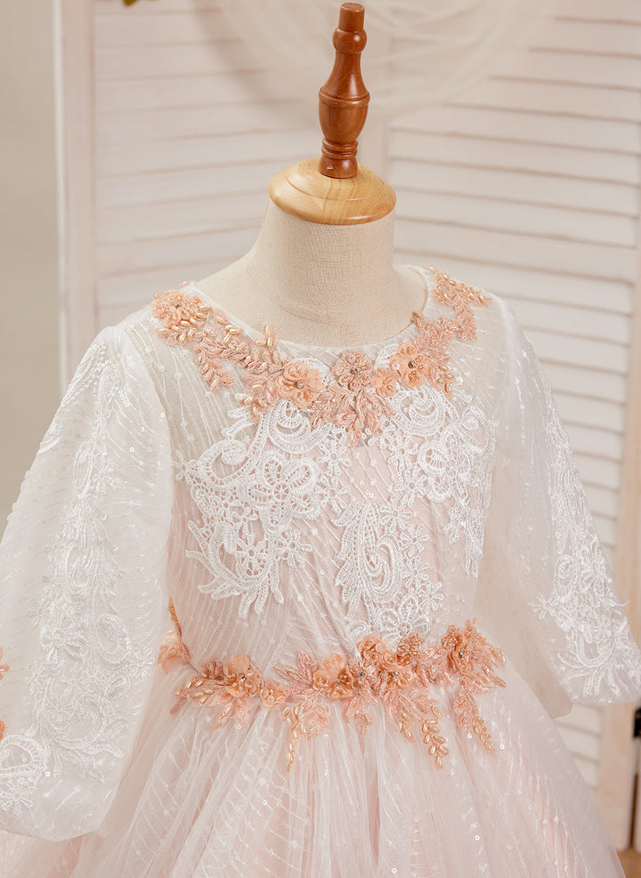Ball-Gown/Princess Lace Tulle Floor-length Pink Dress