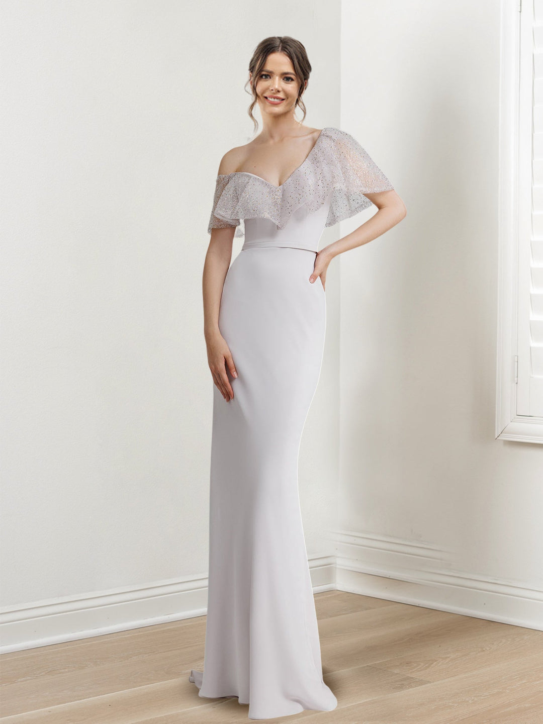 Sheath/Column Off-The-Shoulder Short Sleeves Floor-Length Long Evening Dresses with Sequins