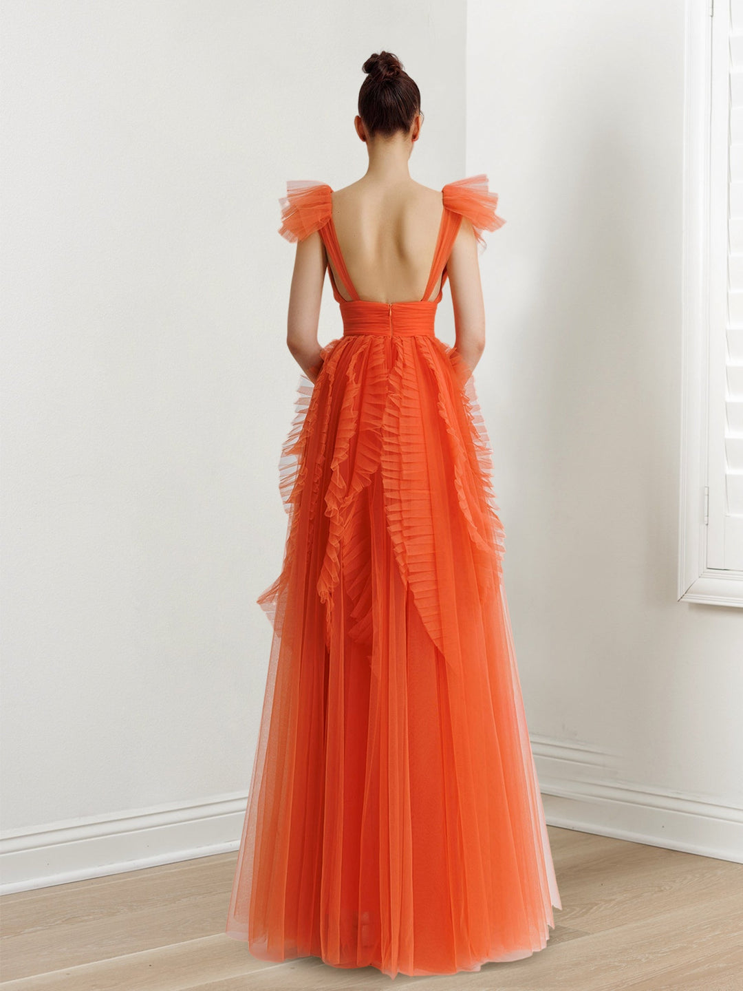 A-Line/Princess V-Neck Sleeveless Floor-length Long Prom Dresses Whit Ruffled