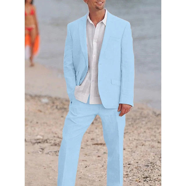 Men's Tailored Fit Single Breasted Two-buttons 2 Pieces Solid Coloured Linen Suits