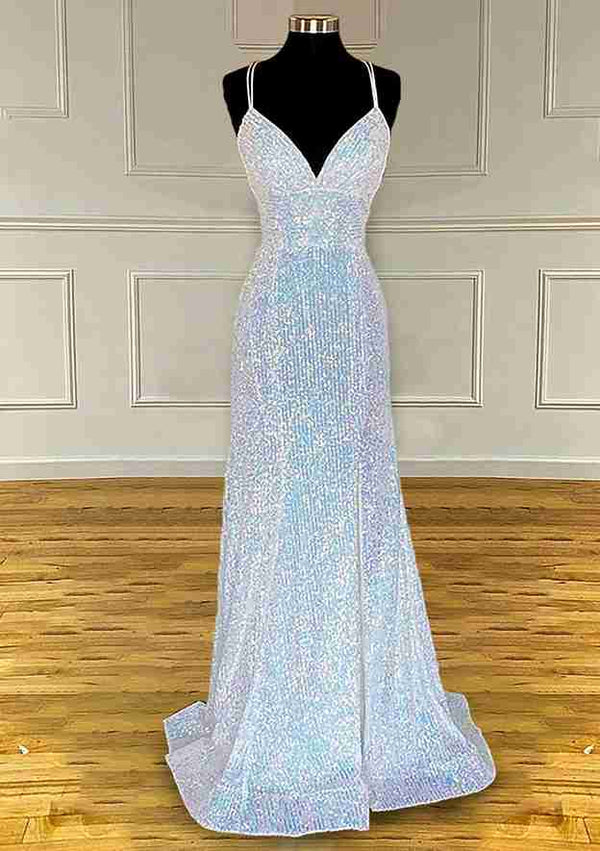Sheath/Column  V-Neck Spaghetti Straps Sweep Floor-Length Long Prom Dresses with Pleated