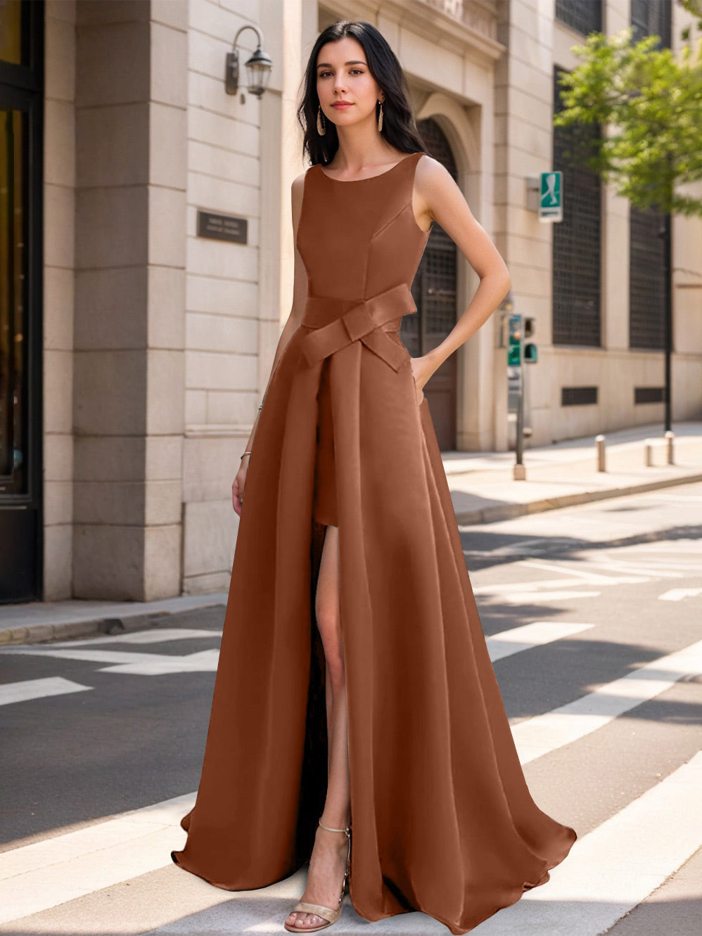A-Line/Princess Scoop Mother of the Bride Dresses with High Split & Bow