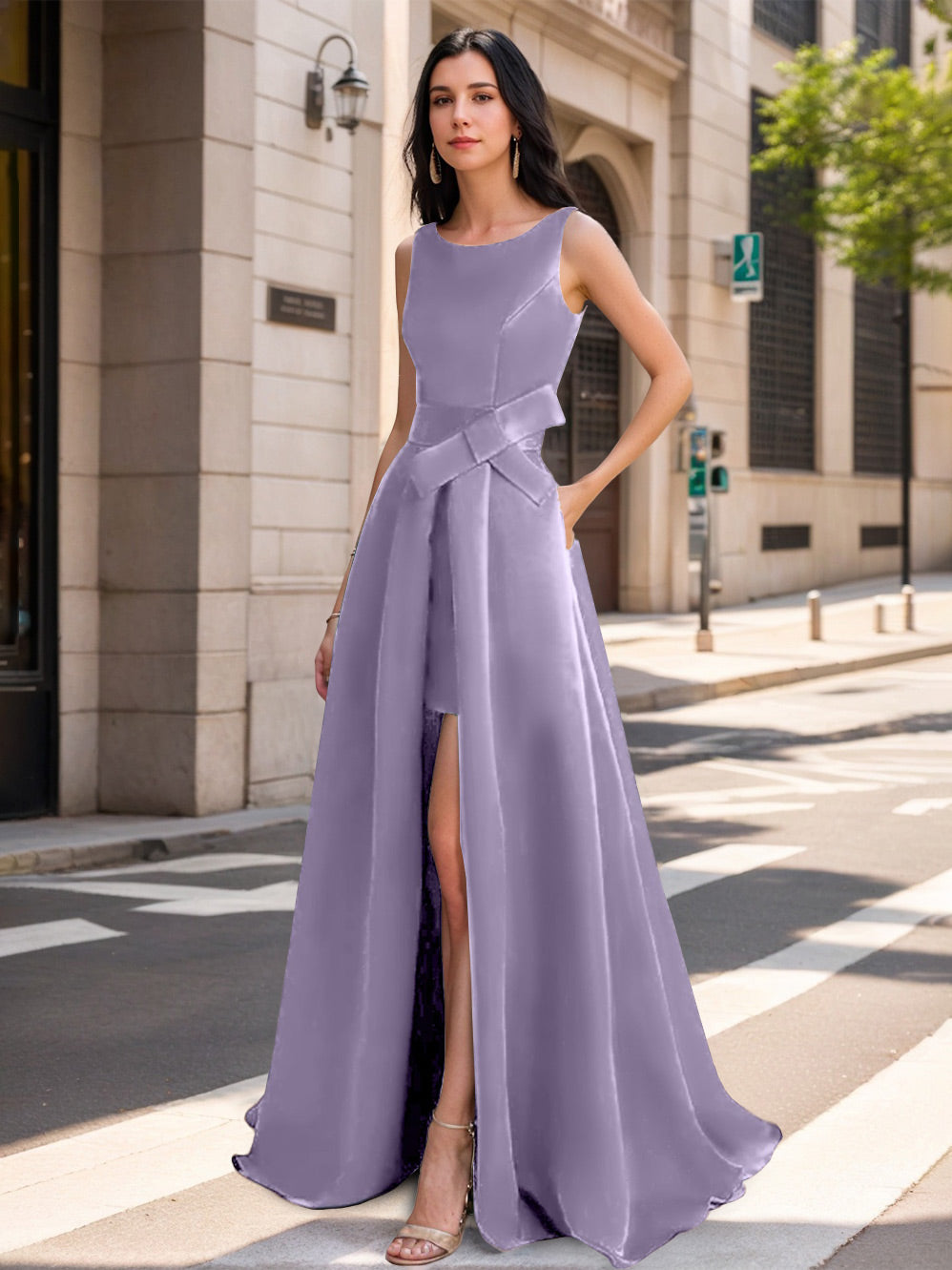 A-Line/Princess Scoop Mother of the Bride Dresses with High Split & Bow
