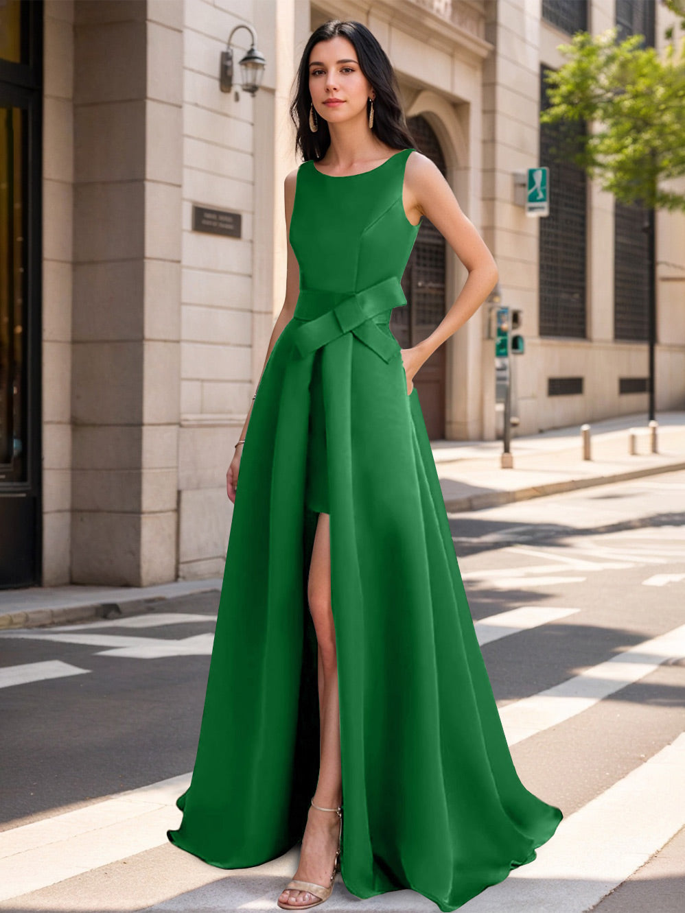 A-Line/Princess Scoop Mother of the Bride Dresses with High Split & Bow