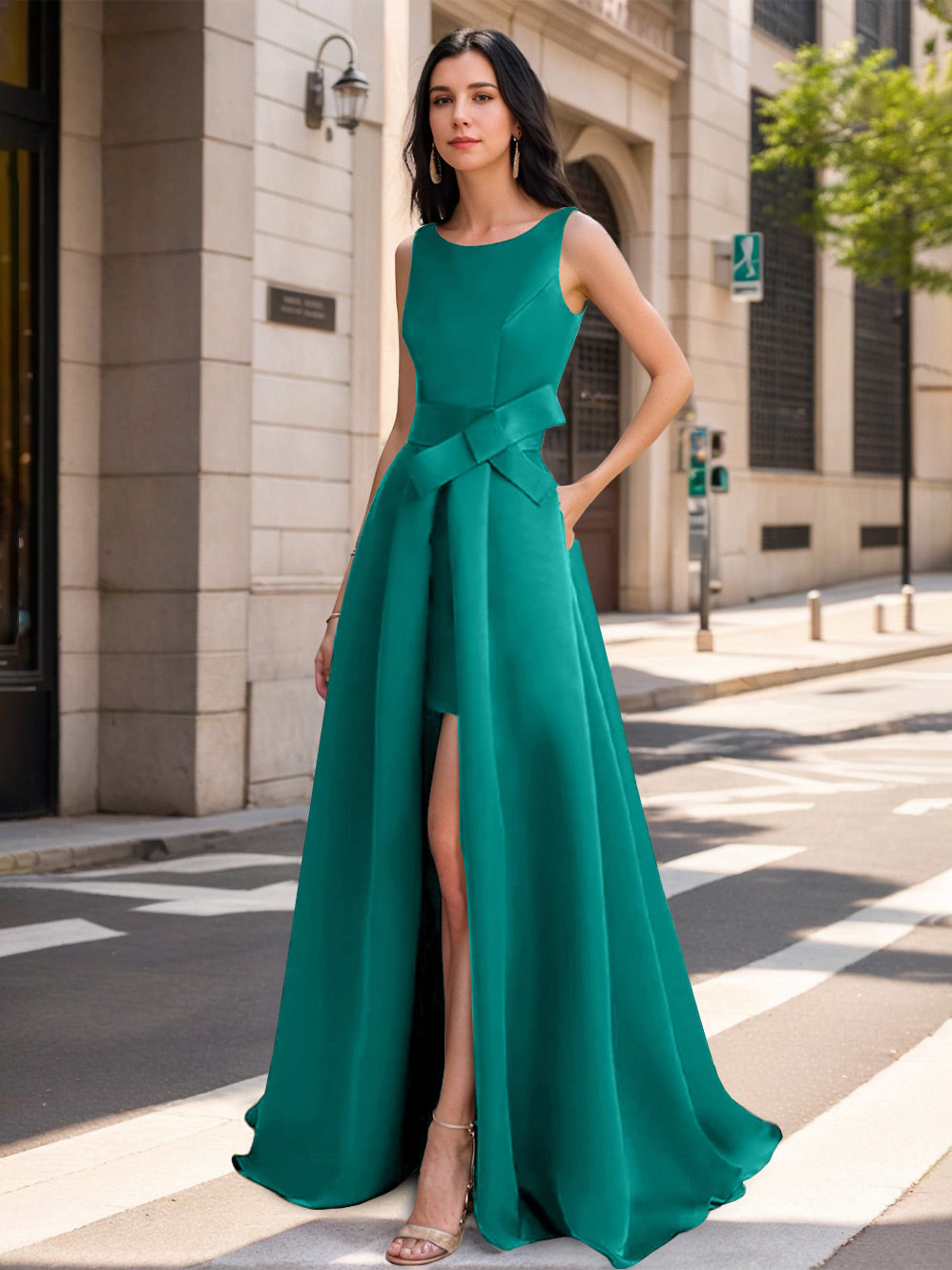 A-Line/Princess Scoop Mother of the Bride Dresses with High Split & Bow